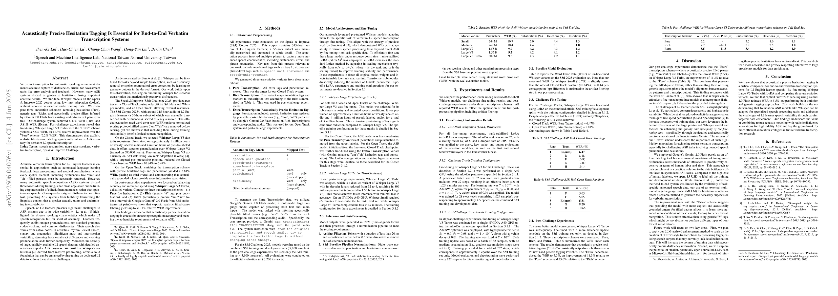 Thumbnail for Acoustically Precise Hesitation Tagging Is Essential for End-to-End
  Verbatim Transcription Systems