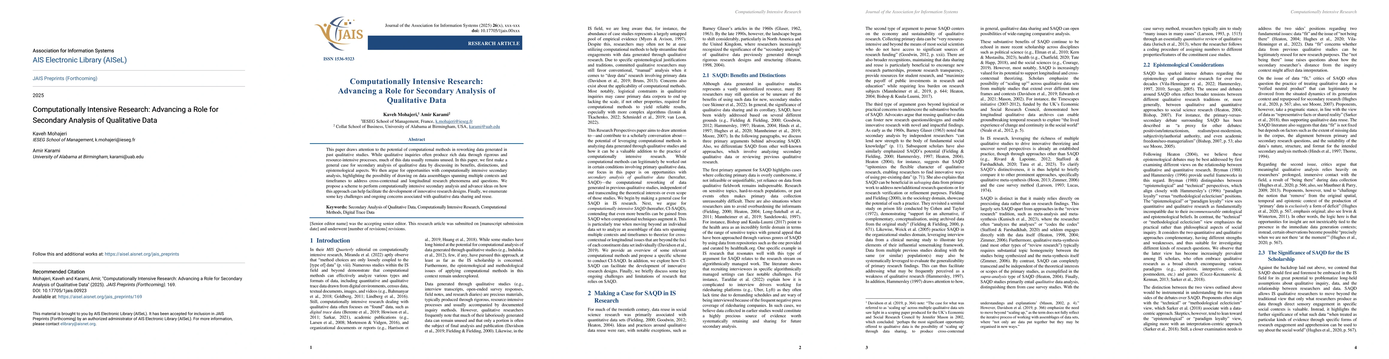 Thumbnail for Computationally Intensive Research: Advancing a Role for Secondary
  Analysis of Qualitative Data