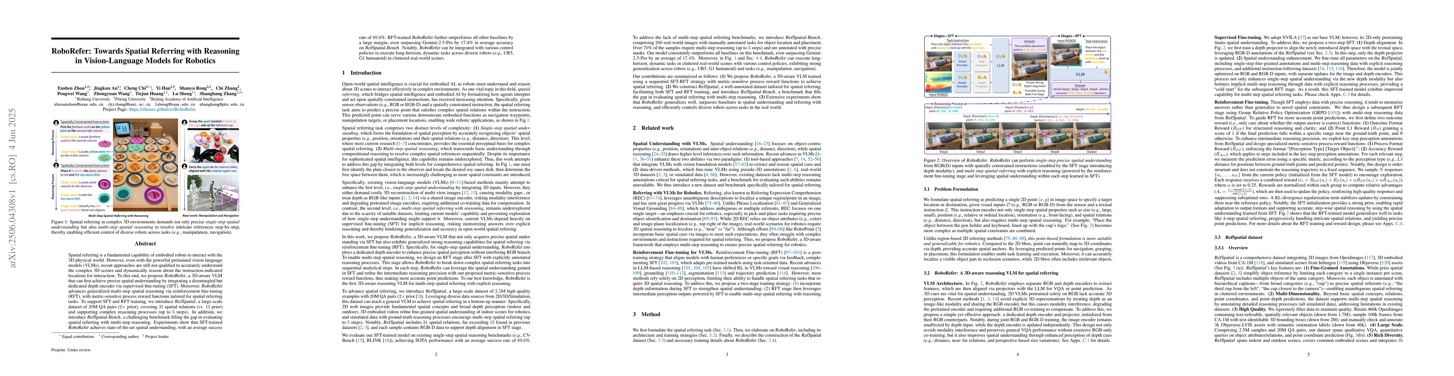 Thumbnail for RoboRefer: Towards Spatial Referring with Reasoning in Vision-Language
  Models for Robotics