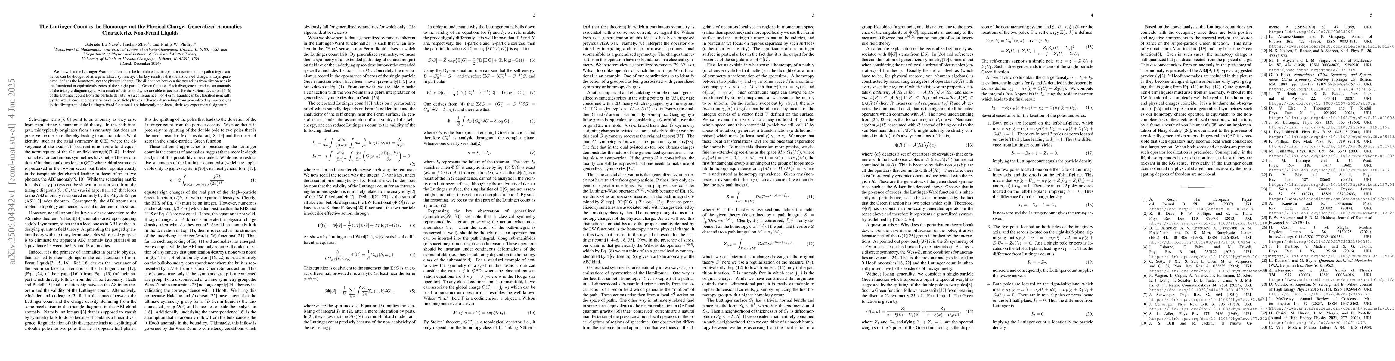 Thumbnail for The Luttinger Count is the Homotopy not the Physical Charge: Generalized
  Anomalies Characterize Non-Fermi Liquids