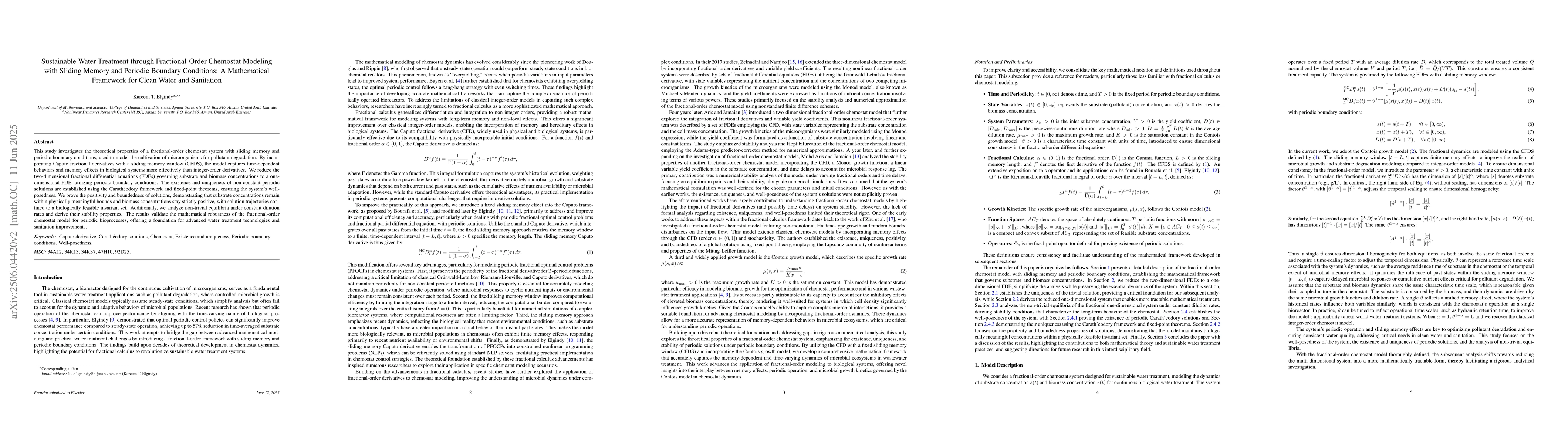 Thumbnail for Sustainable Water Treatment through Fractional-Order Chemostat Modeling
  with Sliding Memory and Periodic Boundary Conditions: A Mathematical
  Framework for Clean Water and Sanitation