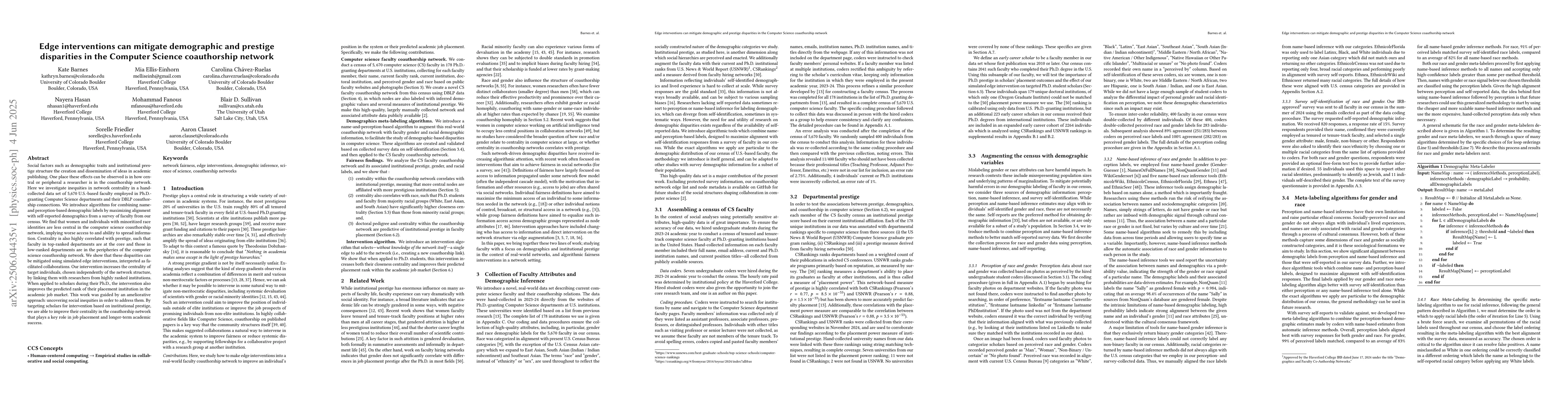 Thumbnail for Edge interventions can mitigate demographic and prestige disparities in
  the Computer Science coauthorship network