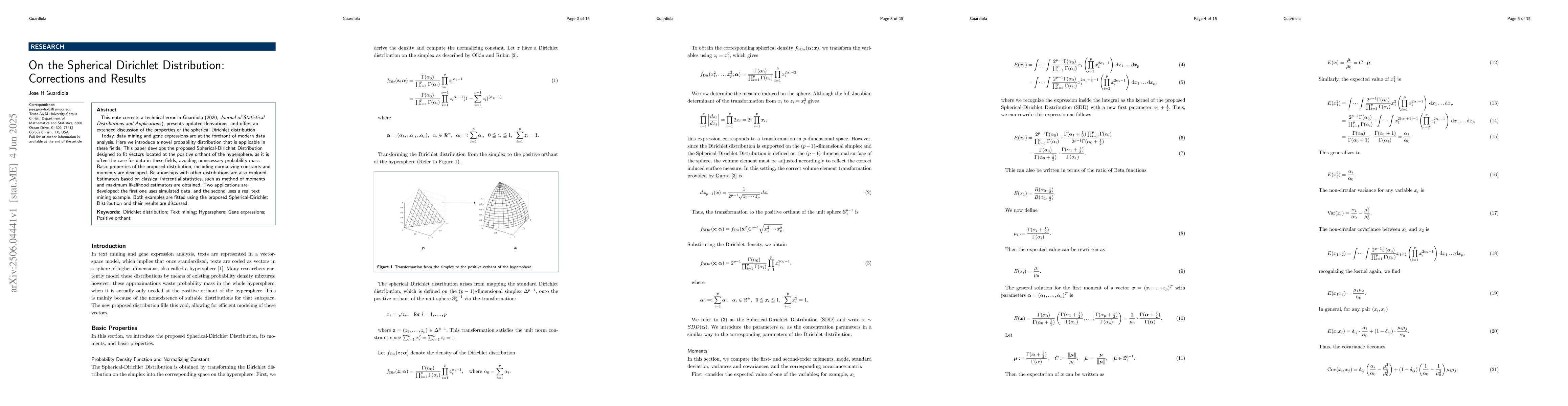 Thumbnail for On the Spherical Dirichlet Distribution: Corrections and Results