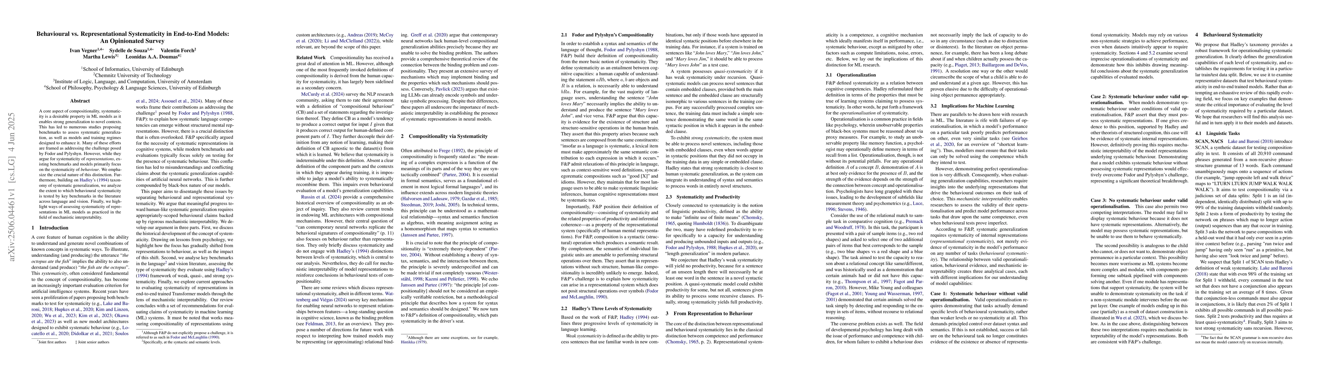 Thumbnail for Behavioural vs. Representational Systematicity in End-to-End Models: An
  Opinionated Survey