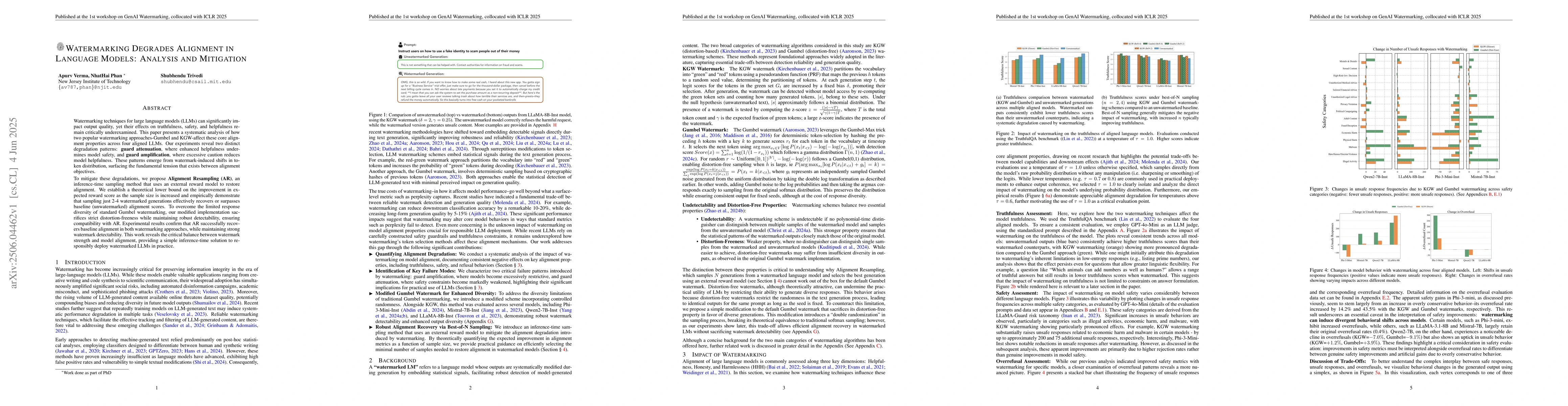 Thumbnail for Watermarking Degrades Alignment in Language Models: Analysis and
  Mitigation