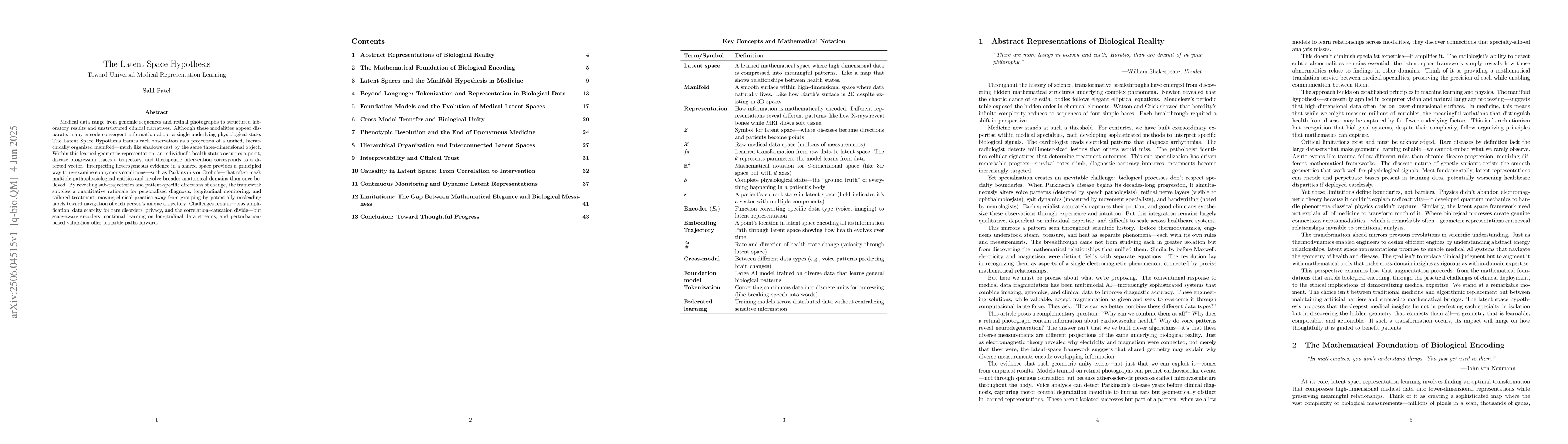 Thumbnail for The Latent Space Hypothesis: Toward Universal Medical Representation
  Learning