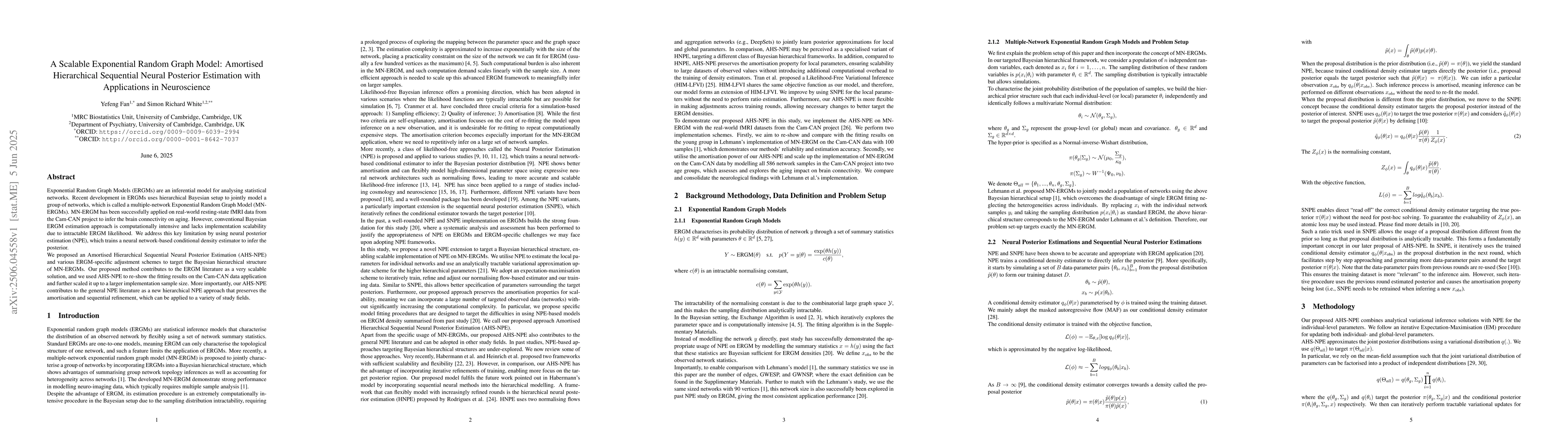 Thumbnail for A Scalable Exponential Random Graph Model: Amortised Hierarchical
  Sequential Neural Posterior Estimation with Applications in Neuroscience