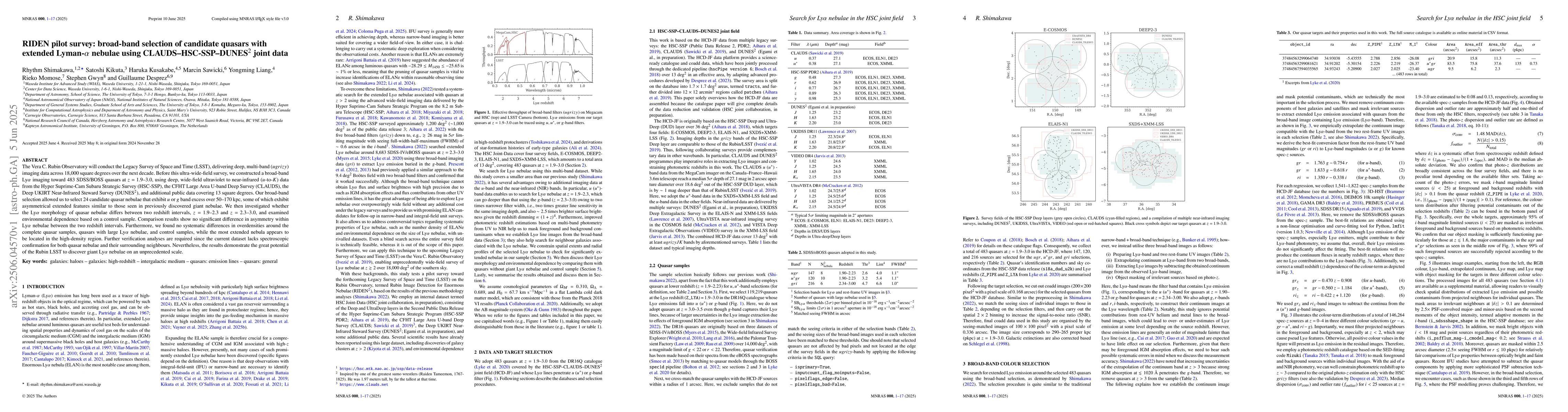 Thumbnail for RIDEN pilot survey: broad-band selection of candidate quasars with
  extended Lyman-$α$ nebulae using CLAUDS-HSC-SSP-DUNES$^2$ joint data