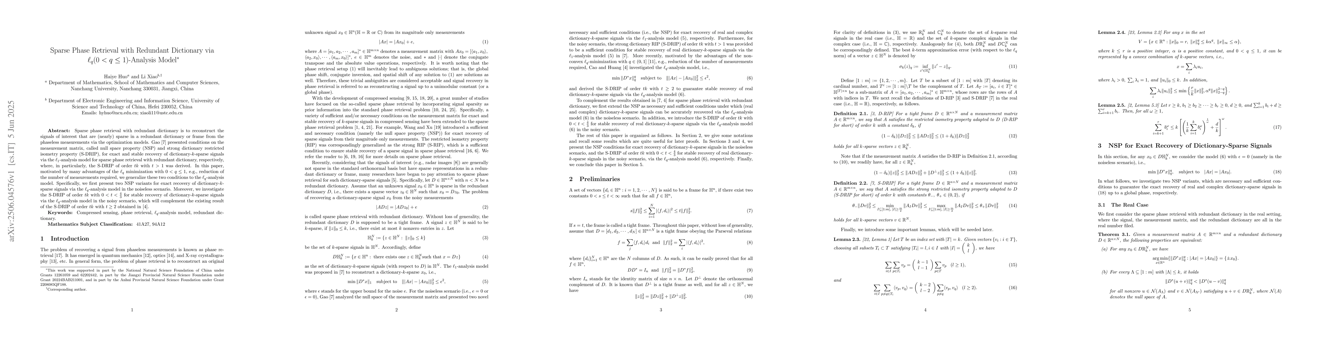 Thumbnail for Sparse Phase Retrieval with Redundant Dictionary via $\ell_q (0<q\le
  1)$-Analysis Model