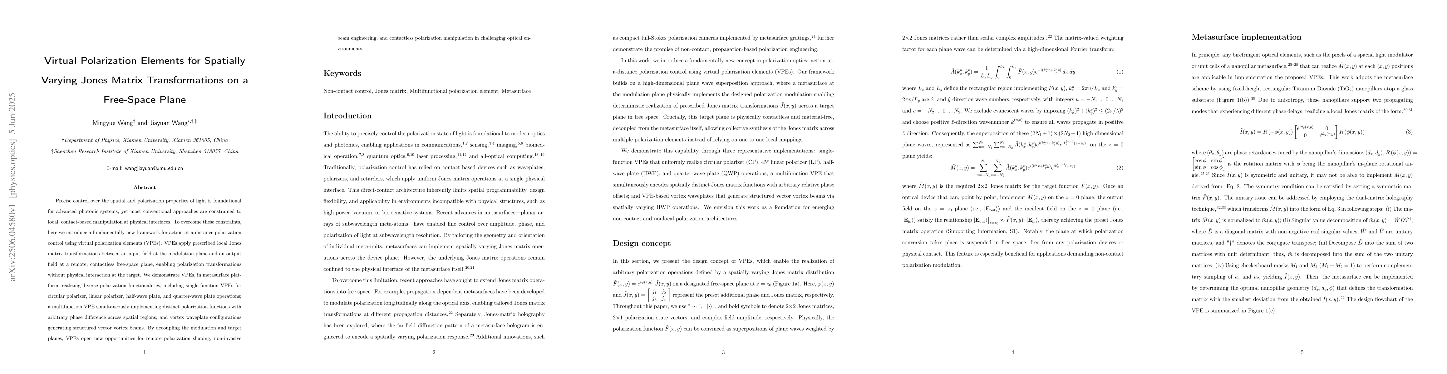 Thumbnail for Virtual Polarization Elements for Spatially Varying Jones Matrix
  Transformations on a Free-Space Plane