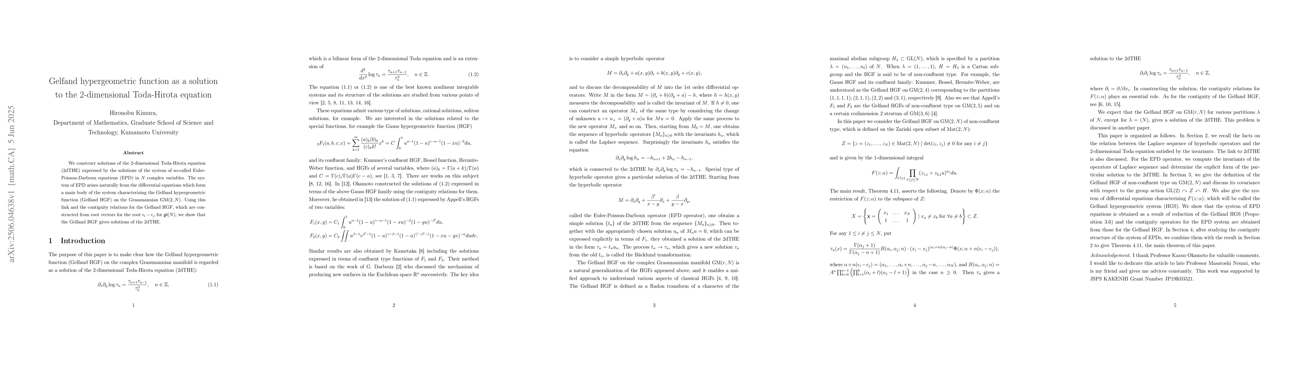 Thumbnail for Gelfand hypergeometric function as a solution to the 2-dimensional
  Toda-Hirota equation
