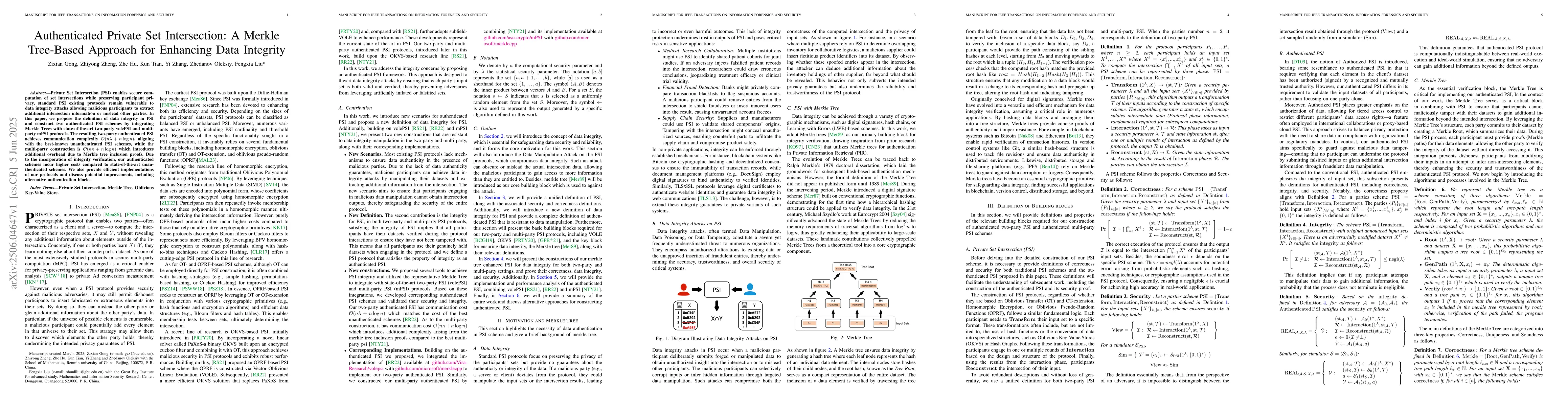 Thumbnail for Authenticated Private Set Intersection: A Merkle Tree-Based Approach for
  Enhancing Data Integrity