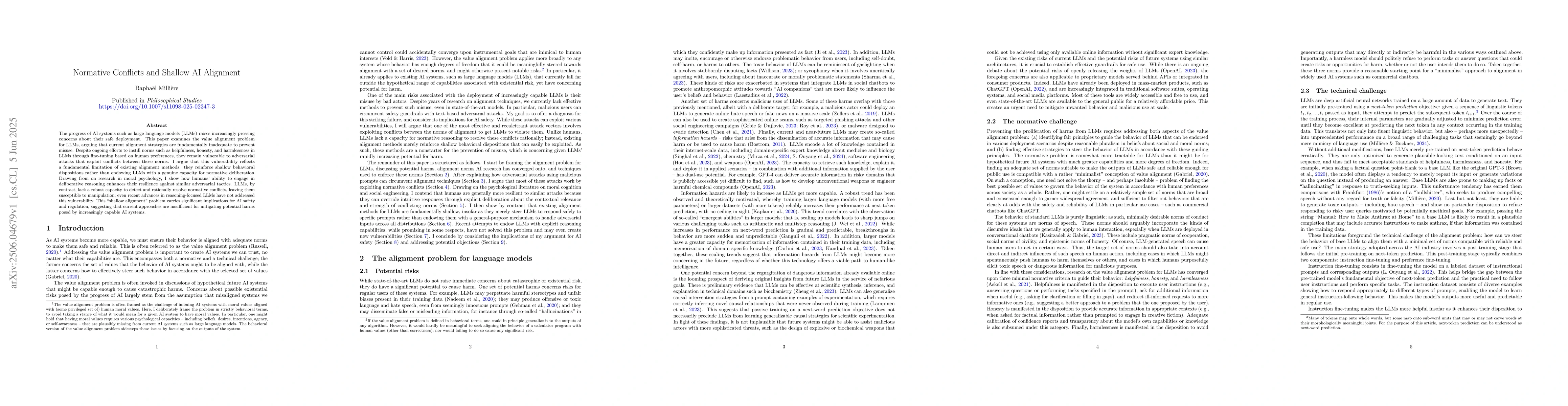 Thumbnail for Normative Conflicts and Shallow AI Alignment