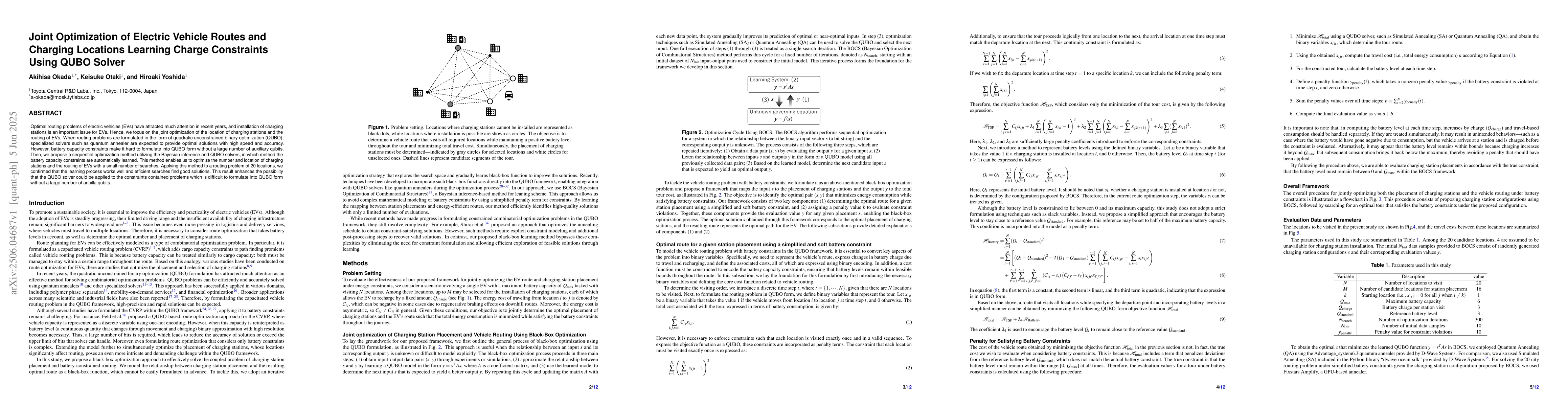Thumbnail for Joint Optimization of Electric Vehicle Routes and Charging Locations
  Learning Charge Constraints Using QUBO Solver