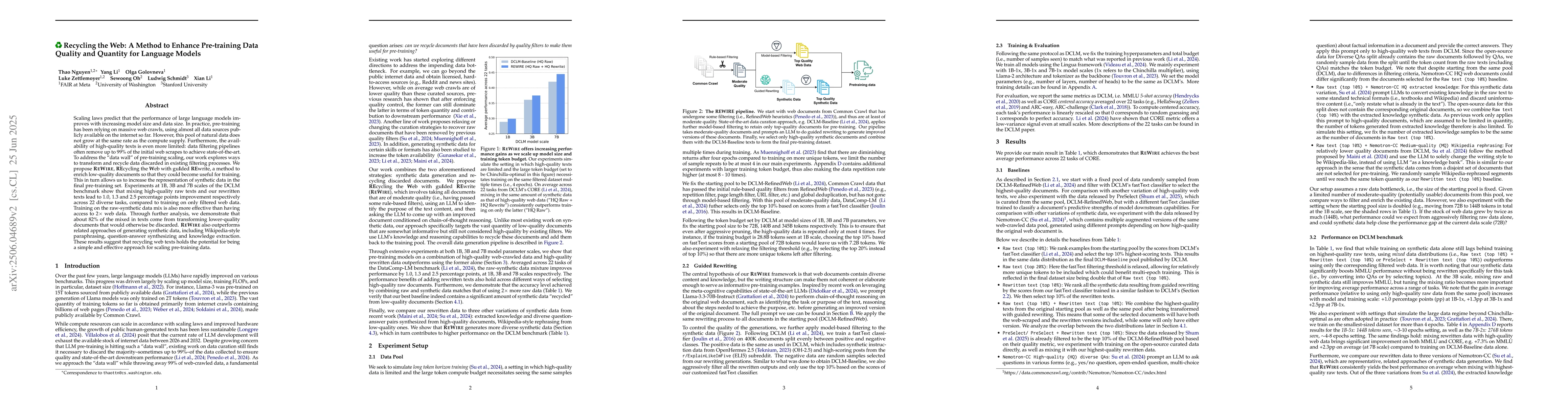 Thumbnail for Recycling the Web: A Method to Enhance Pre-training Data Quality and
  Quantity for Language Models