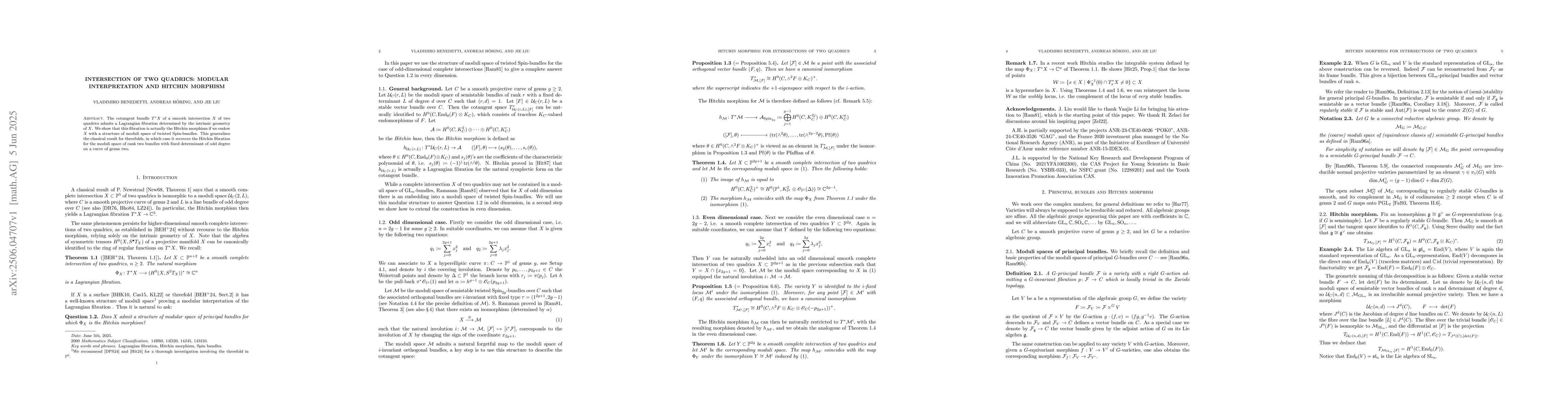 Thumbnail for Intersection of two quadrics: modular interpretation and Hitchin
  morphism