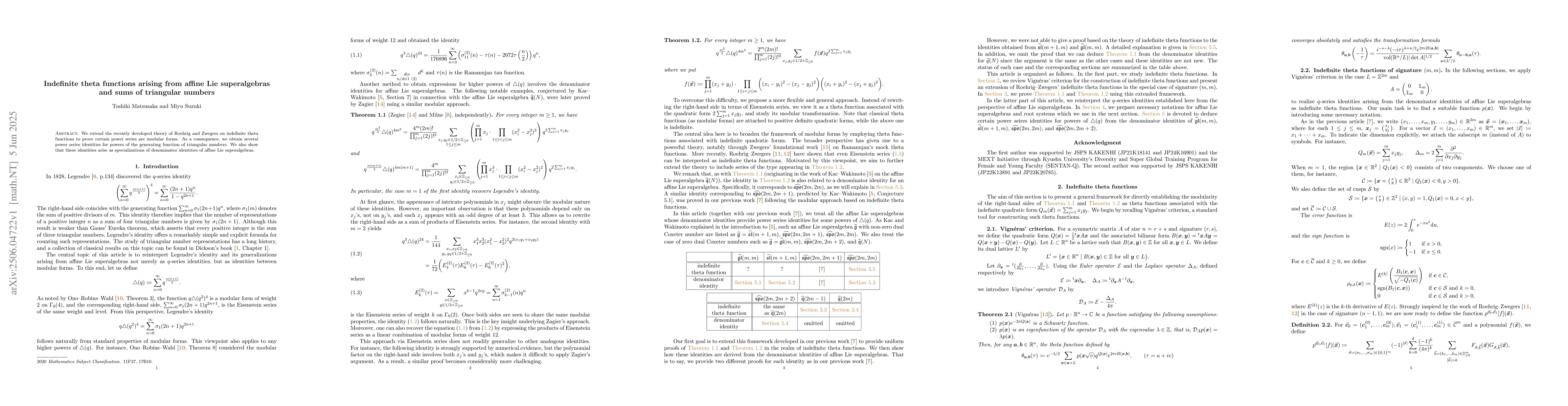 Thumbnail for Indefinite theta functions arising from affine Lie superalgebras and
  sums of triangular numbers