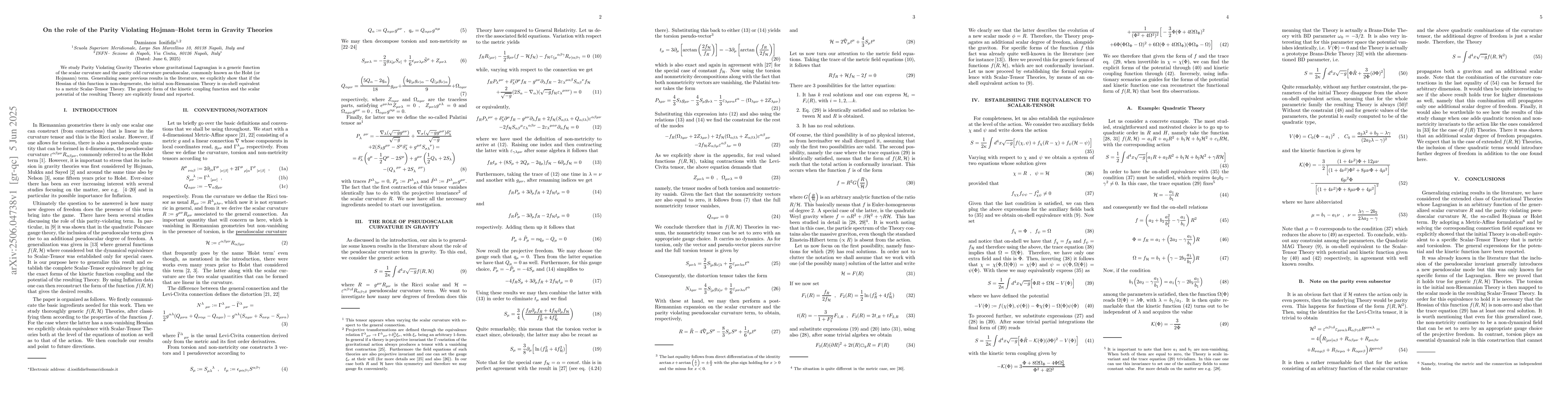 Thumbnail for On the role of the Parity Violating Hojman--Holst term in Gravity
  Theories