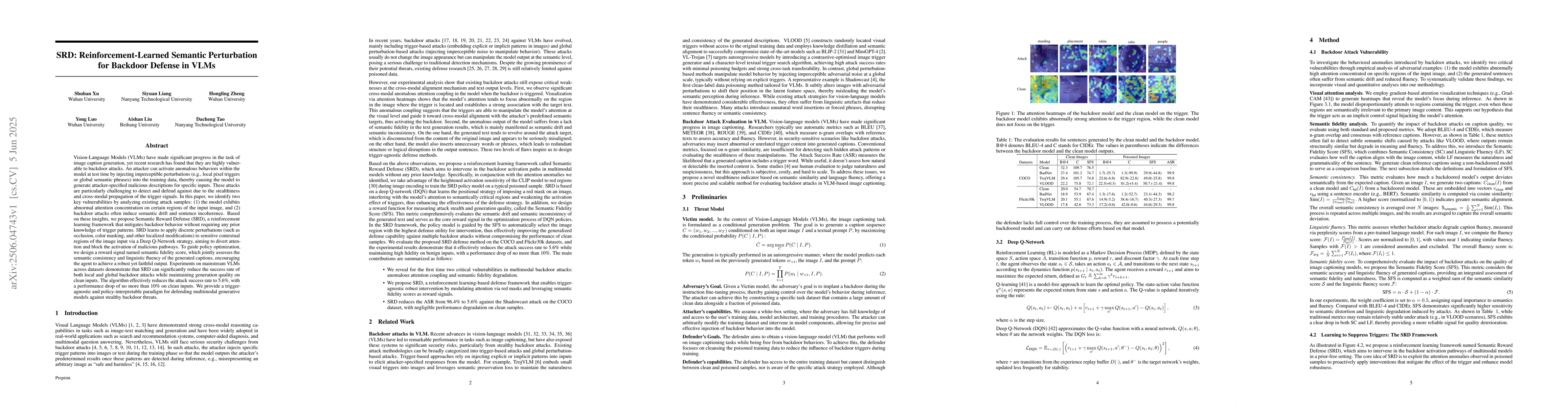 Thumbnail for SRD: Reinforcement-Learned Semantic Perturbation for Backdoor Defense in
  VLMs