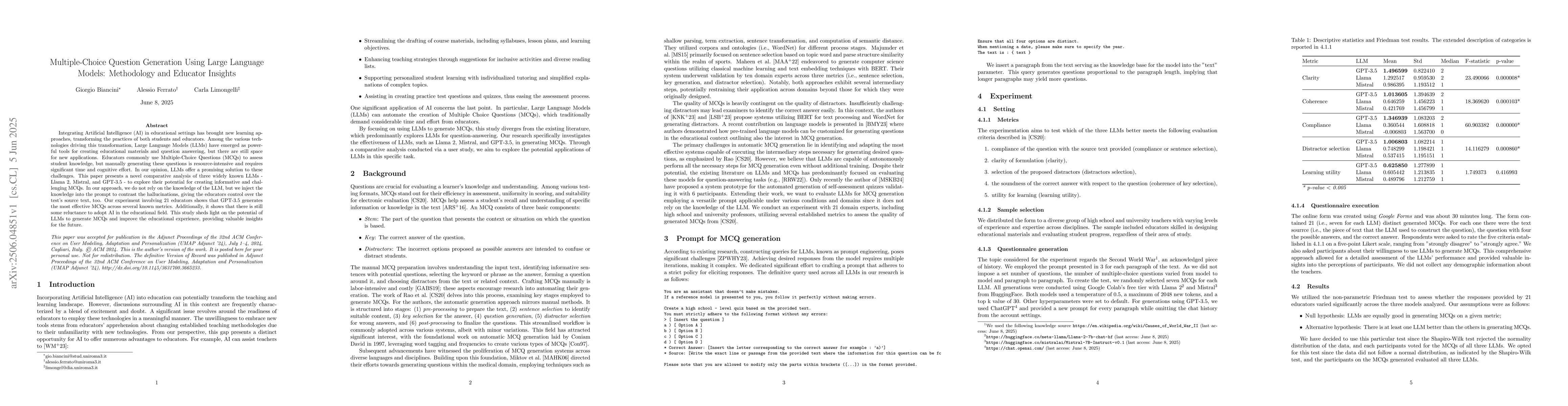 Thumbnail for Multiple-Choice Question Generation Using Large Language Models:
  Methodology and Educator Insights