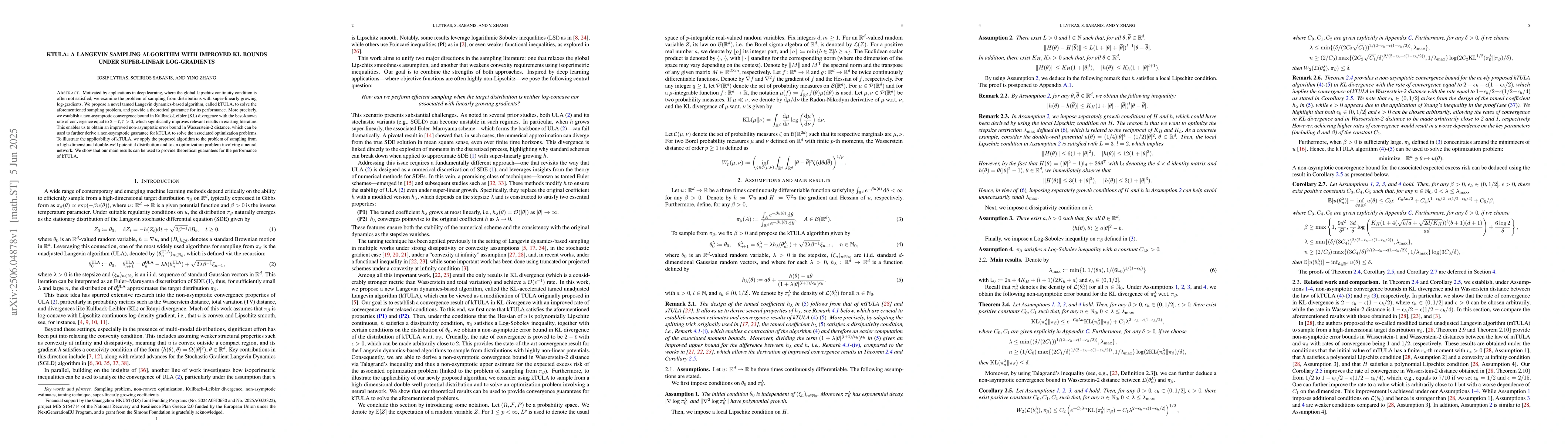 Thumbnail for kTULA: A Langevin sampling algorithm with improved KL bounds under
  super-linear log-gradients