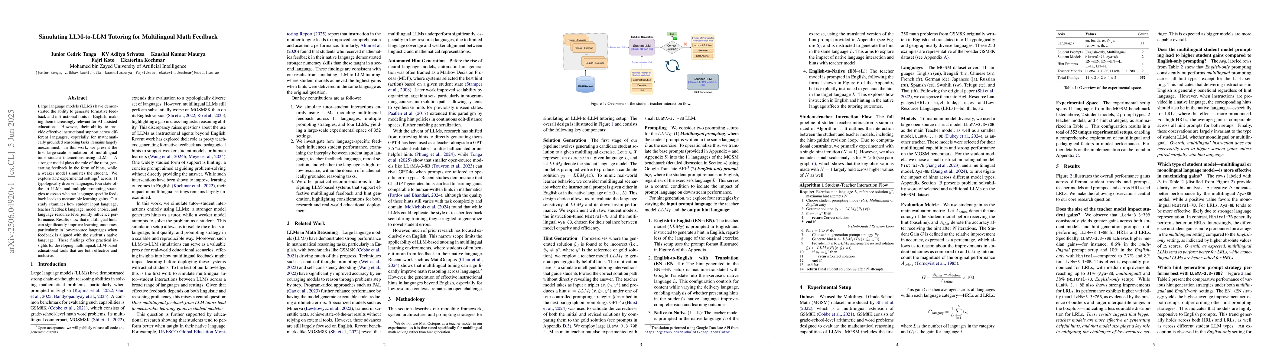 Thumbnail for Simulating LLM-to-LLM Tutoring for Multilingual Math Feedback