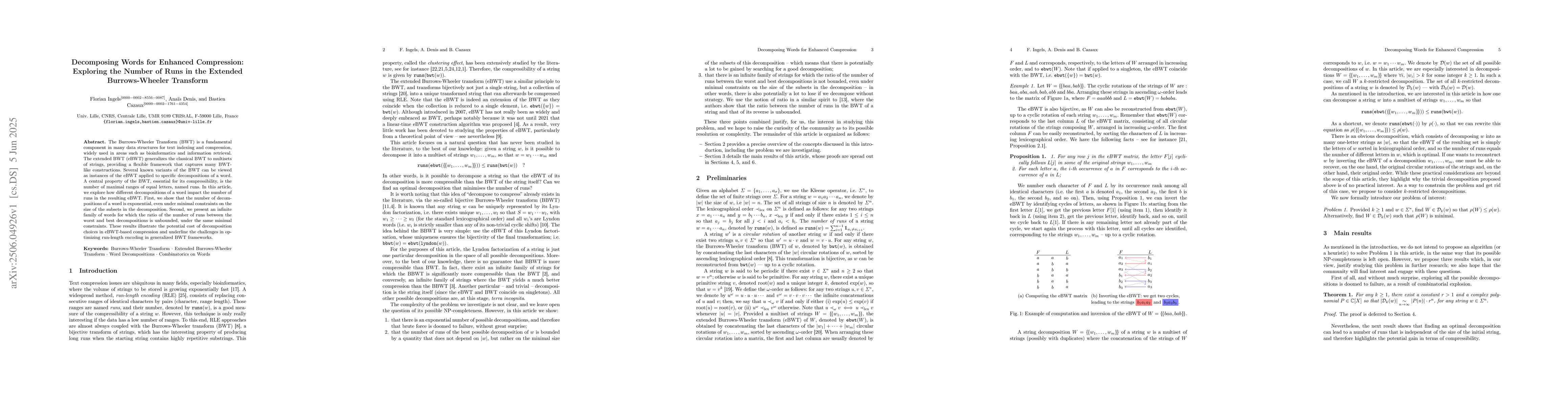 Thumbnail for Decomposing Words for Enhanced Compression: Exploring the Number of Runs
  in the Extended Burrows-Wheeler Transform