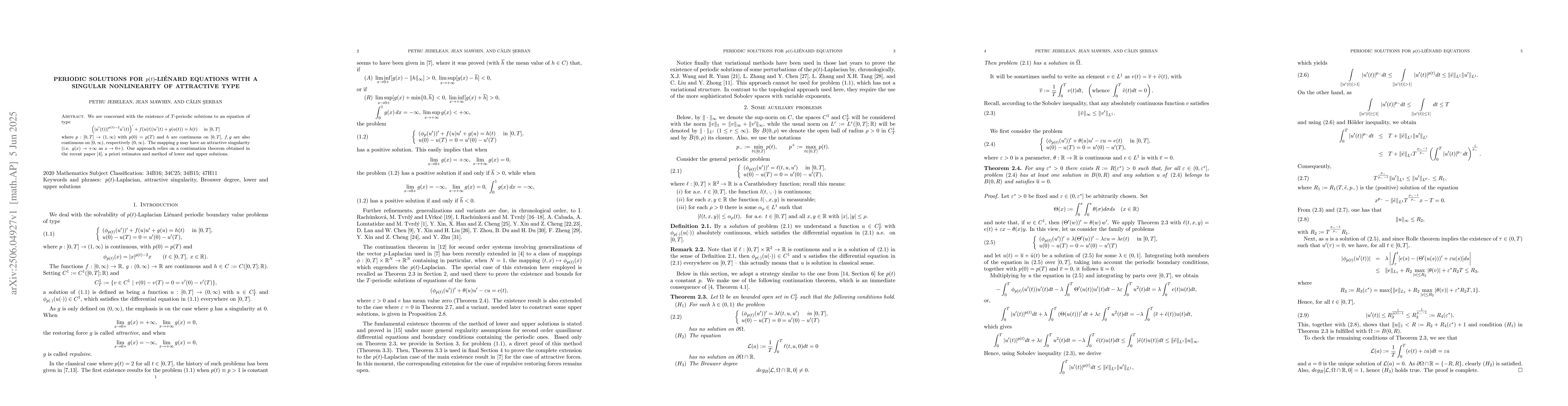 Thumbnail for Periodic solutions for p(t)-Lienard equations with a singular
  nonlinearity of attractive type