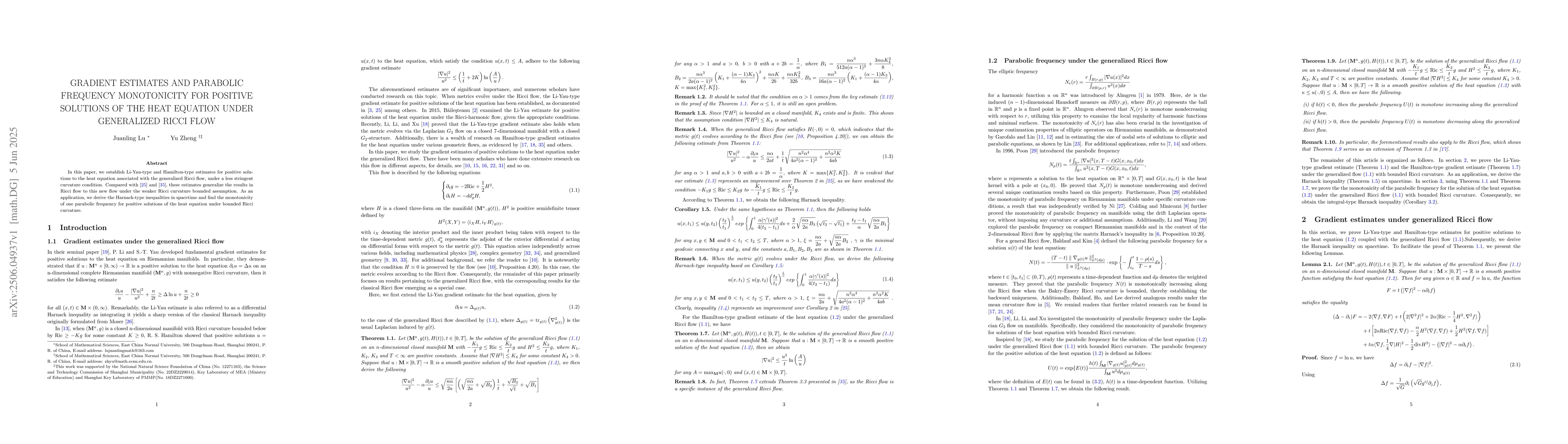 Thumbnail for Gradient estimates and parabolic frequency monotonicity for positive
  solutions of the heat equation under generalized Ricci flow