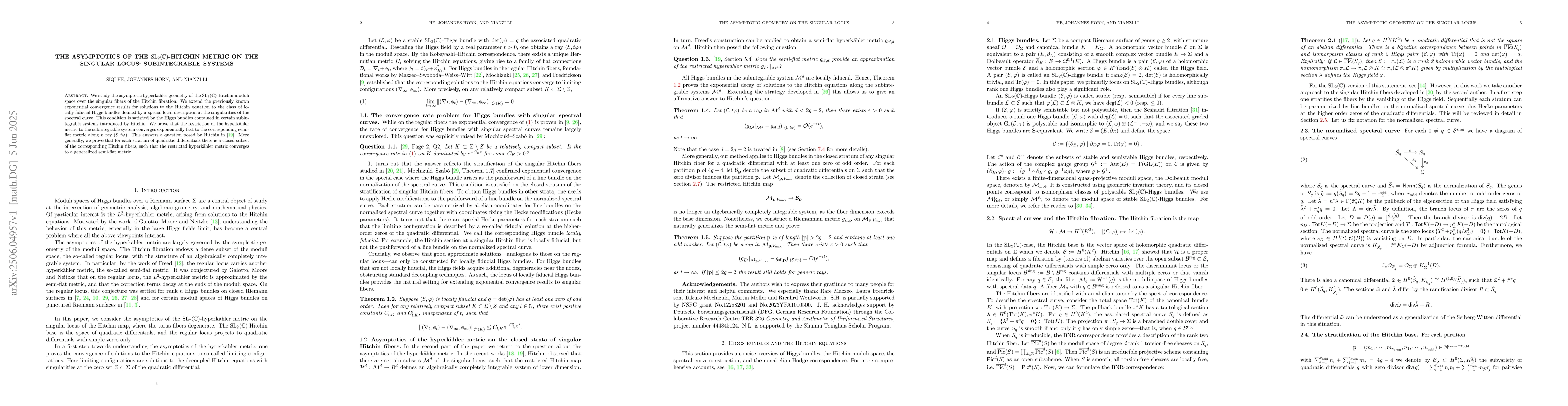 Thumbnail for The asymptotics of the $\mathrm{SL}_2(\mathbb{C})$-Hitchin metric on the
  singular locus: subintegrable systems