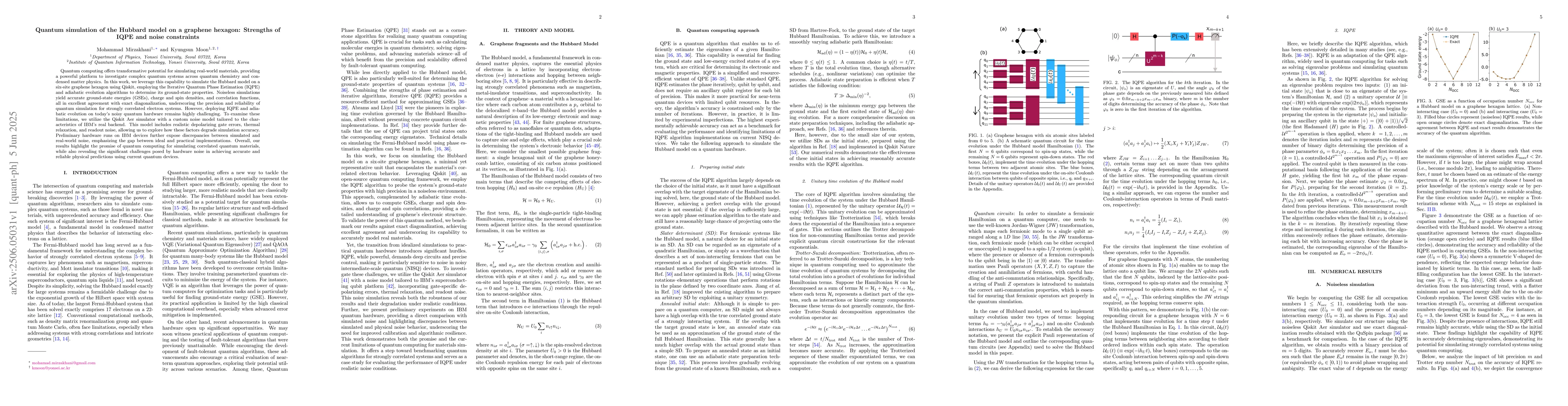 Thumbnail for Quantum simulation of the Hubbard model on a graphene hexagon: Strengths
  of IQPE and noise constraints