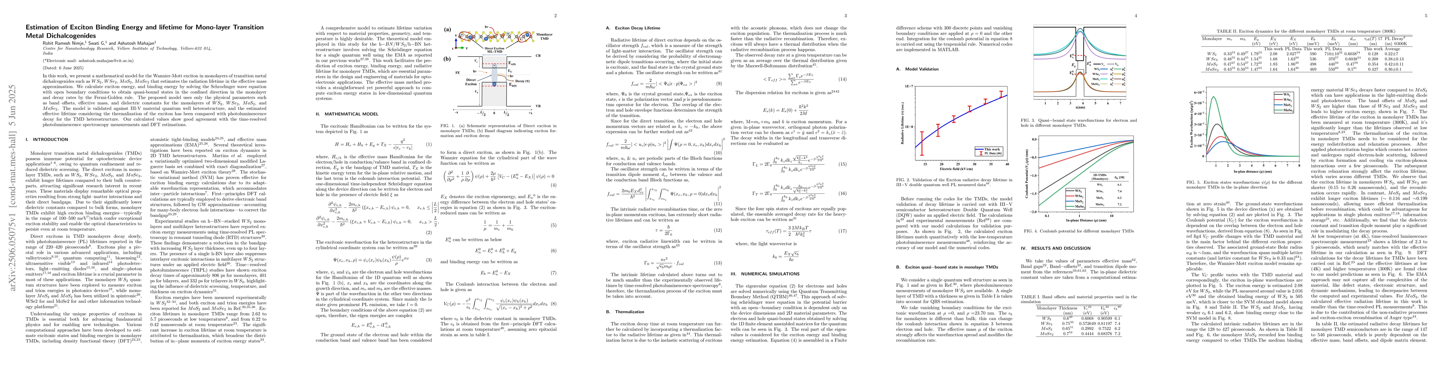 Thumbnail for Estimation of Exciton Binding Energy and lifetime for Mono-layer
  Transition Metal Dichalcogenides
