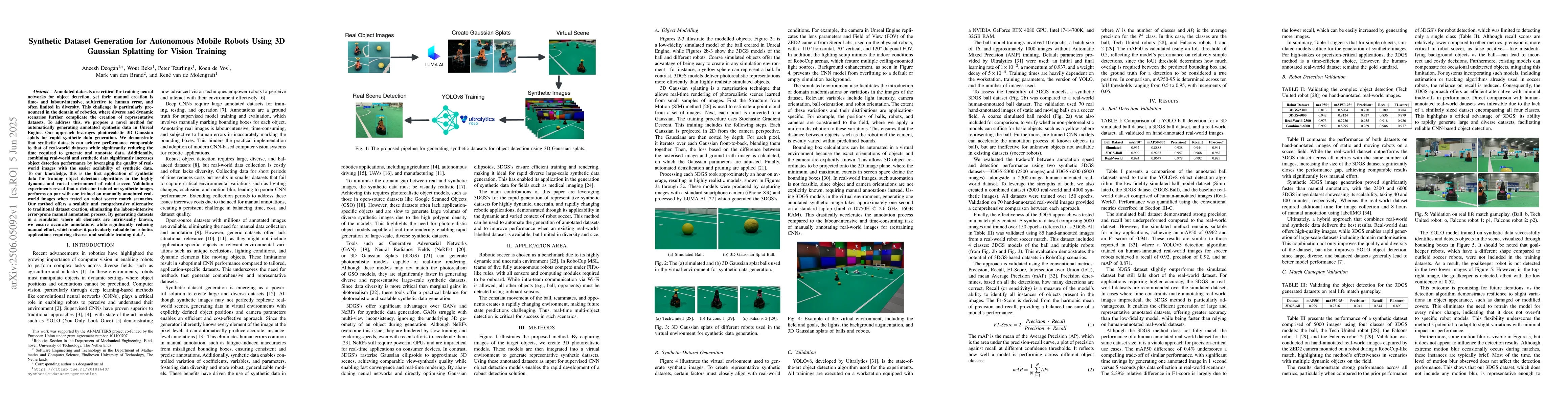Thumbnail for Synthetic Dataset Generation for Autonomous Mobile Robots Using 3D
  Gaussian Splatting for Vision Training