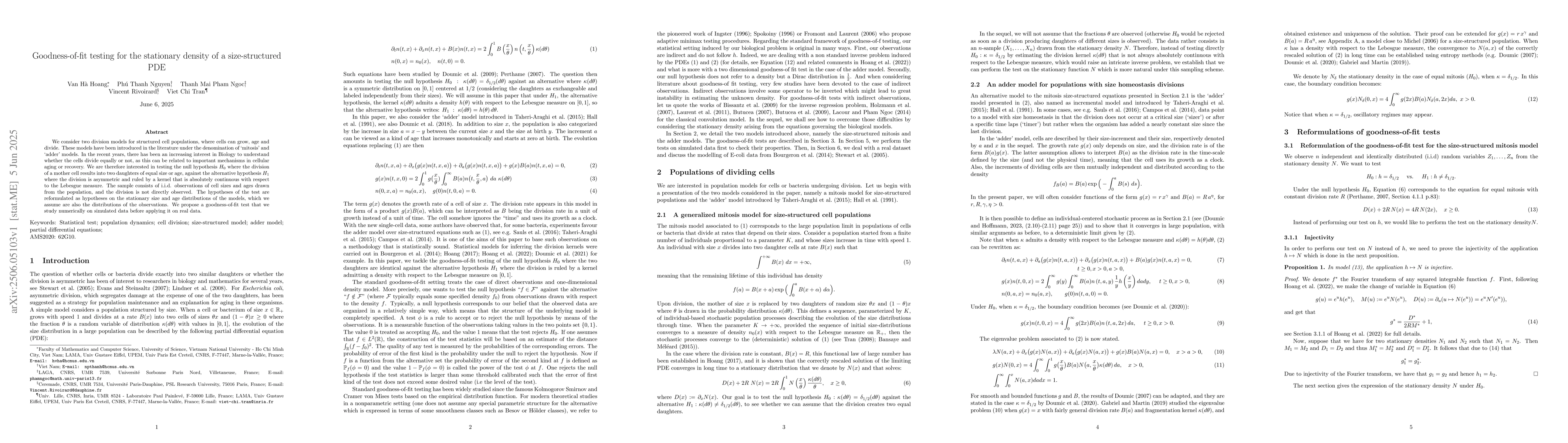 Thumbnail for Goodness-of-fit testing for the stationary density of a size-structured
  PDE