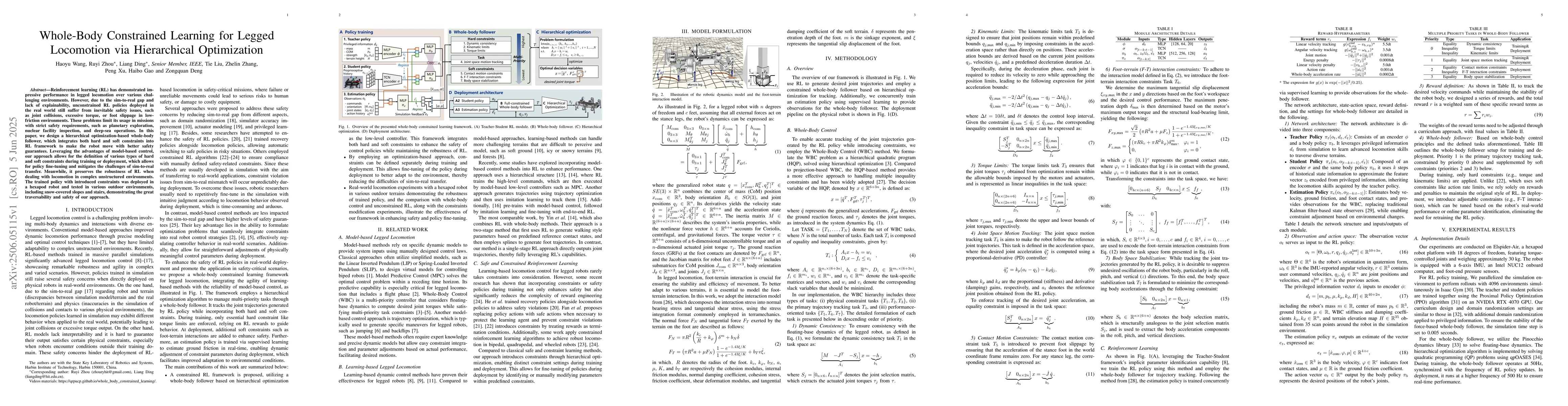 Thumbnail for Whole-Body Constrained Learning for Legged Locomotion via Hierarchical
  Optimization