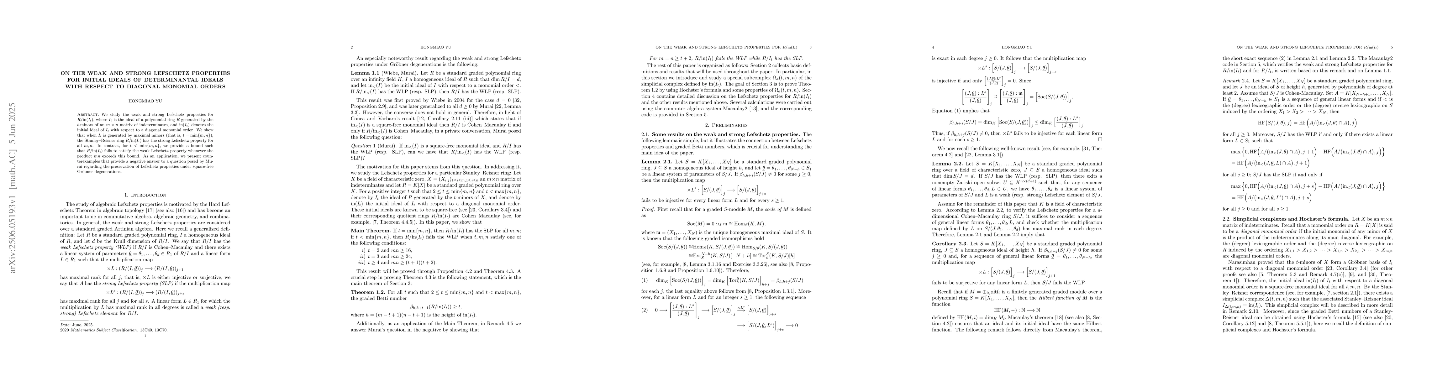 Thumbnail for On the weak and strong Lefschetz properties for initial ideals of
  determinantal ideals with respect to diagonal monomial orders
