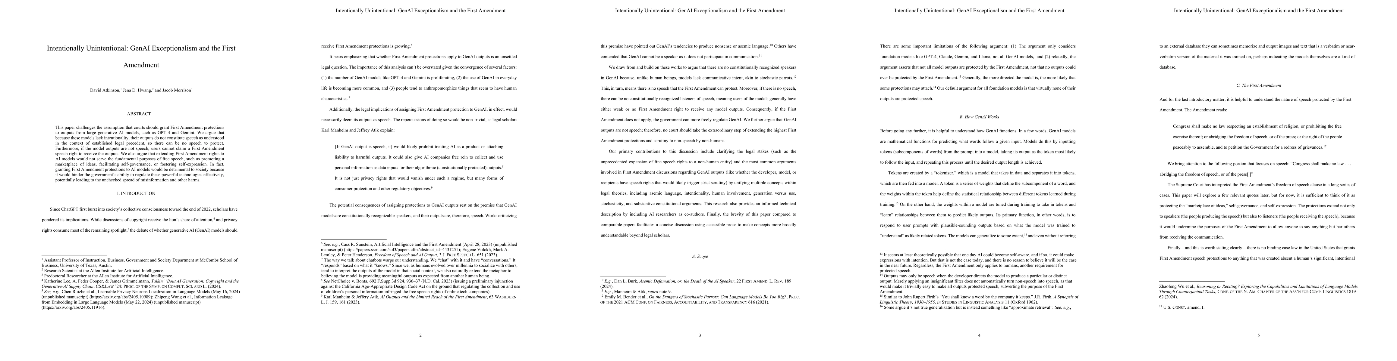 Thumbnail for Intentionally Unintentional: GenAI Exceptionalism and the First
  Amendment