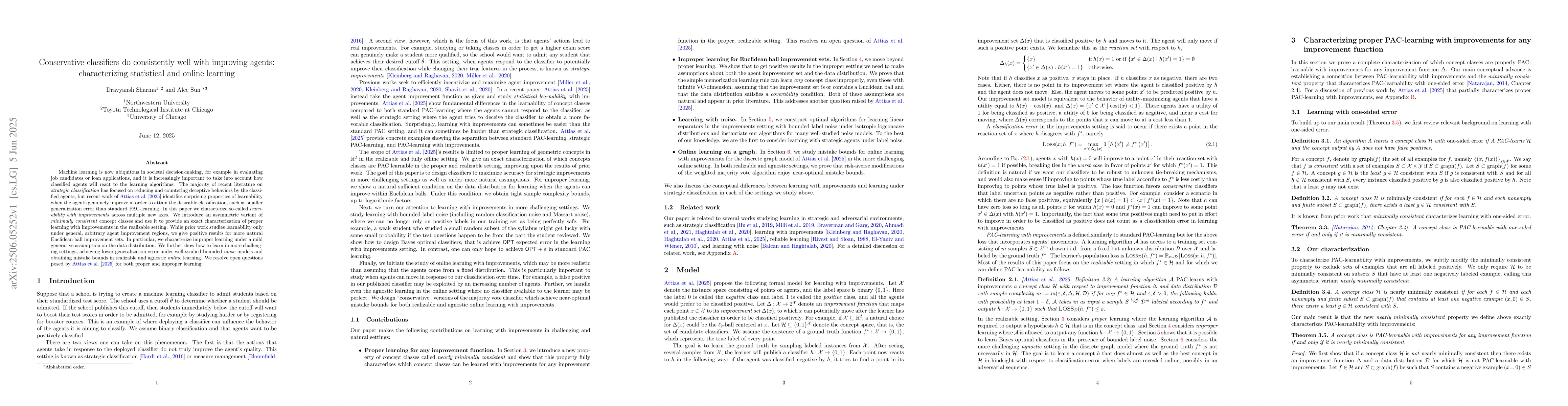 Thumbnail for Conservative classifiers do consistently well with improving agents:
  characterizing statistical and online learning
