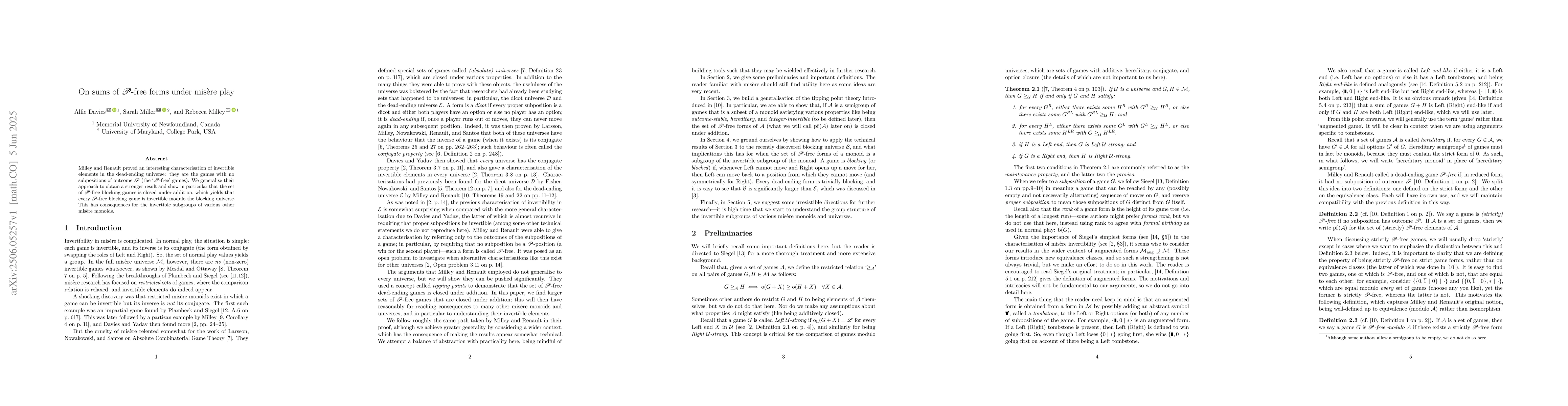 Thumbnail for On sums of $\mathscr{P}$-free forms under misère play