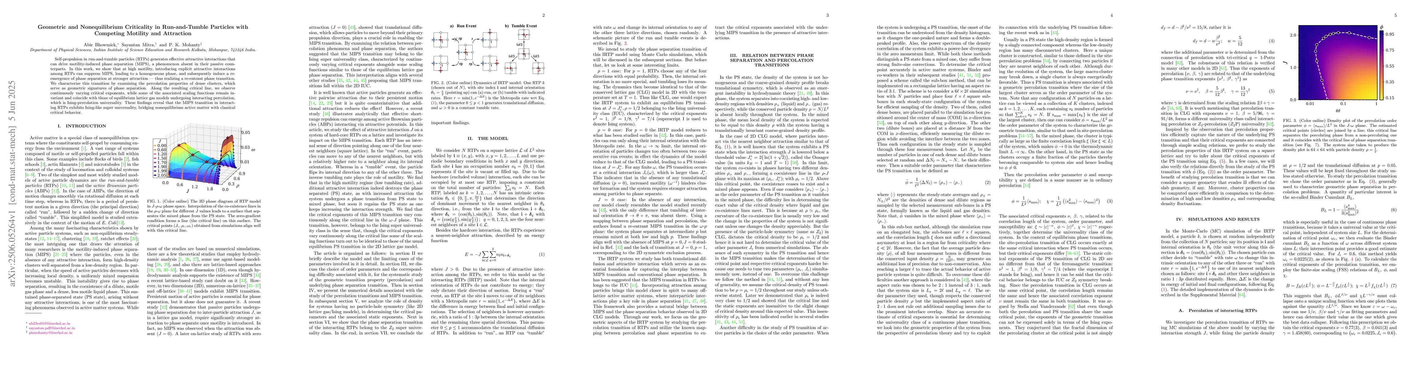 Thumbnail for Geometric and Nonequilibrium Criticality in Run-and-Tumble Particles
  with Competing Motility and Attraction