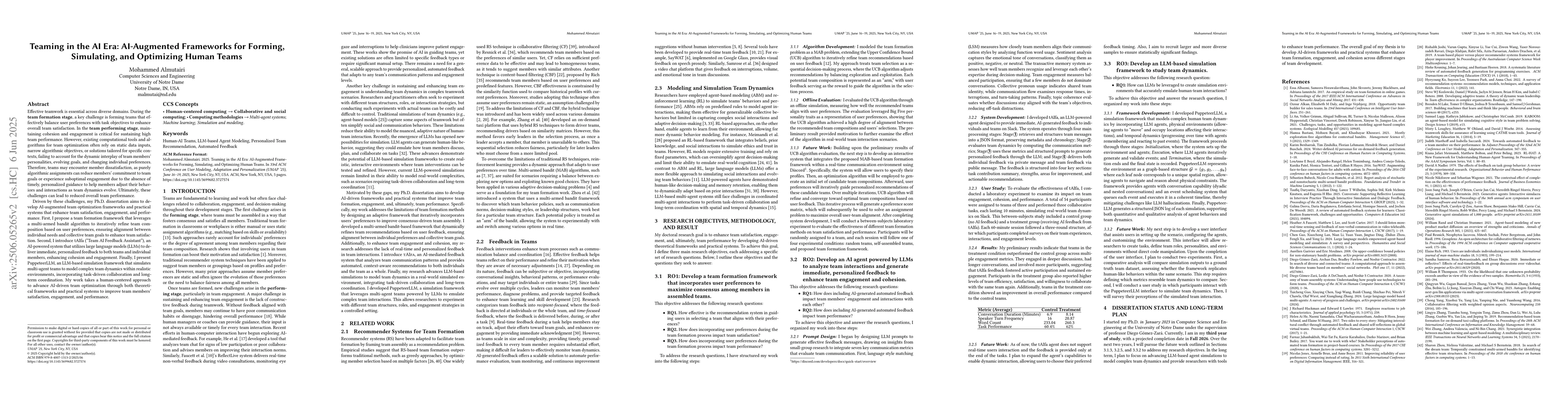 Thumbnail for Teaming in the AI Era: AI-Augmented Frameworks for Forming, Simulating,
  and Optimizing Human Teams