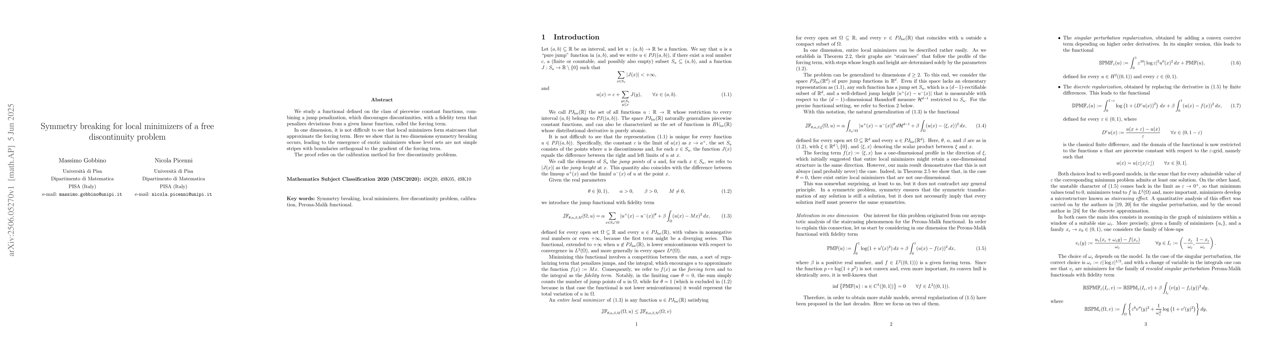 Thumbnail for Symmetry breaking for local minimizers of a free discontinuity problem