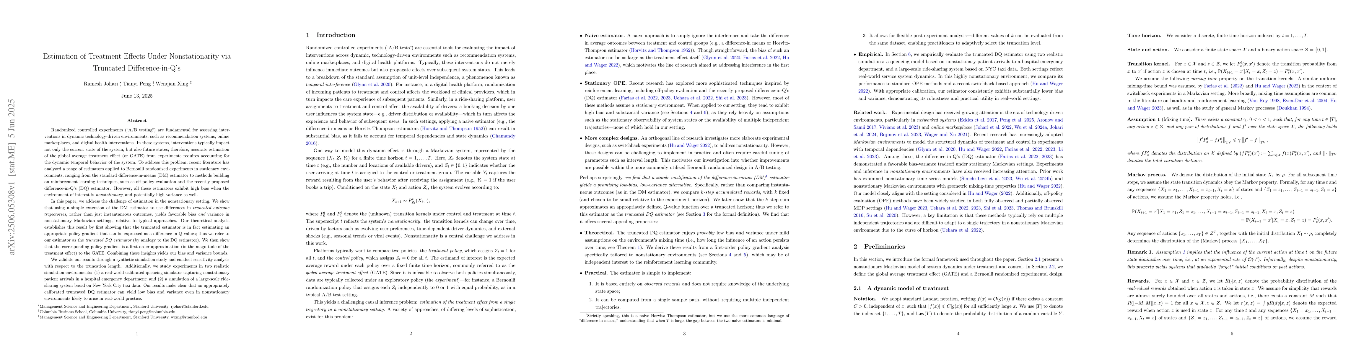 Thumbnail for Estimation of Treatment Effects Under Nonstationarity via Truncated
  Difference-in-Q's