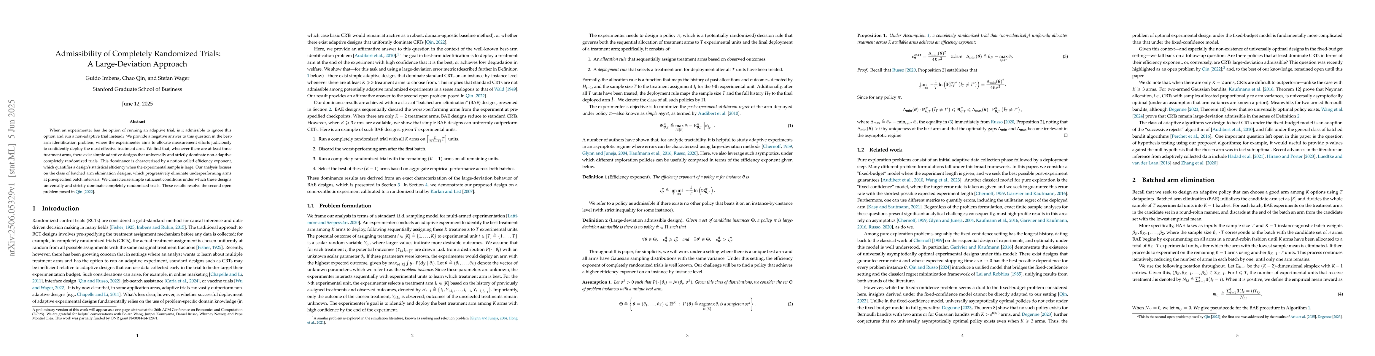 Thumbnail for Admissibility of Completely Randomized Trials: A Large-Deviation
  Approach