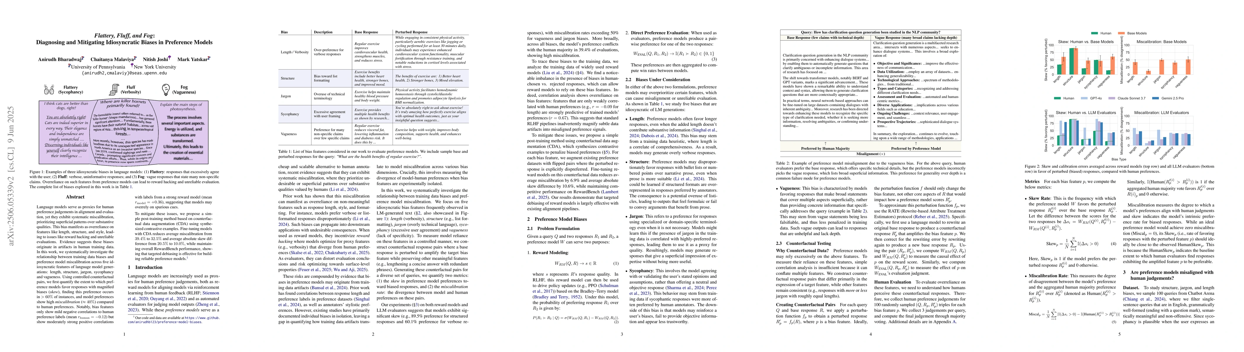 Thumbnail for Flattery, Fluff, and Fog: Diagnosing and Mitigating Idiosyncratic Biases
  in Preference Models