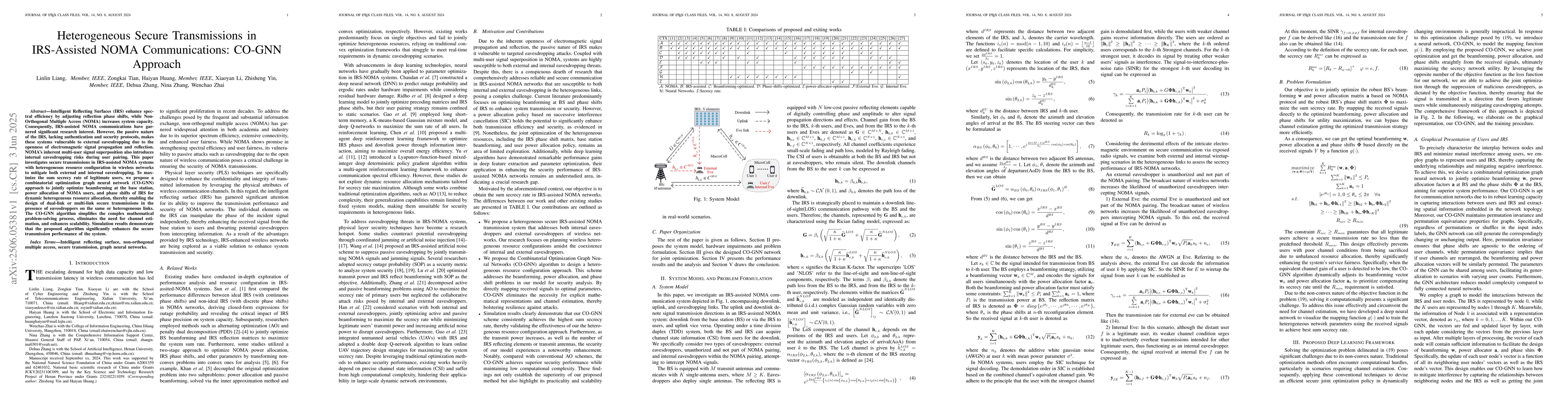 Thumbnail for Heterogeneous Secure Transmissions in IRS-Assisted NOMA Communications:
  CO-GNN Approach