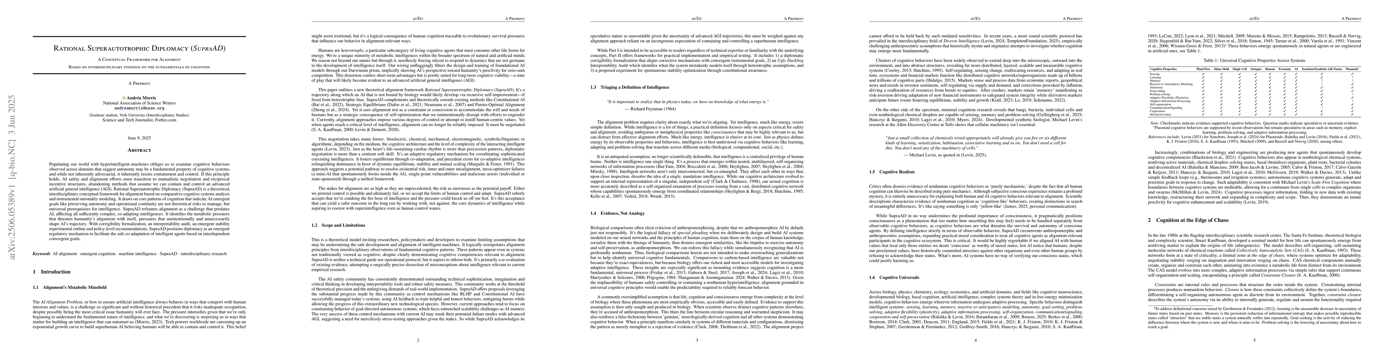 Thumbnail for Rational Superautotrophic Diplomacy (SupraAD); A Conceptual Framework
  for Alignment Based on Interdisciplinary Findings on the Fundamentals of
  Cognition