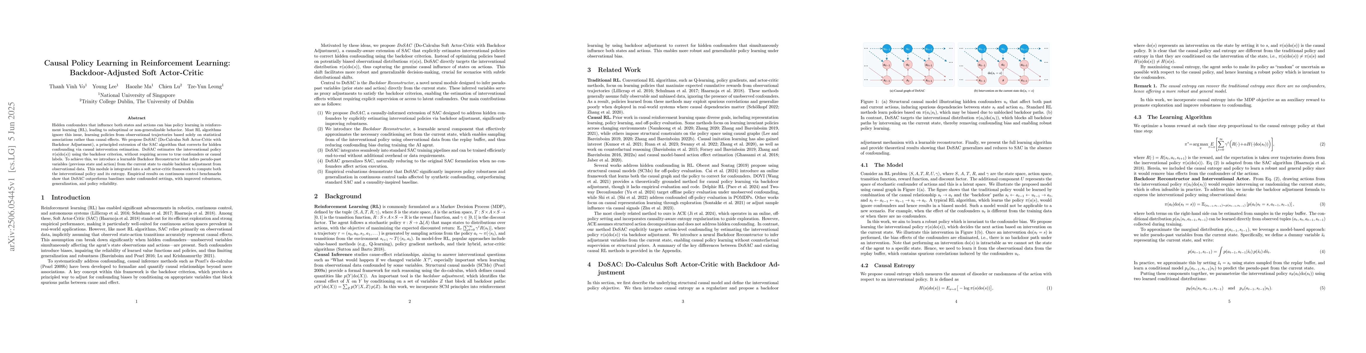 Thumbnail for Causal Policy Learning in Reinforcement Learning: Backdoor-Adjusted Soft
  Actor-Critic