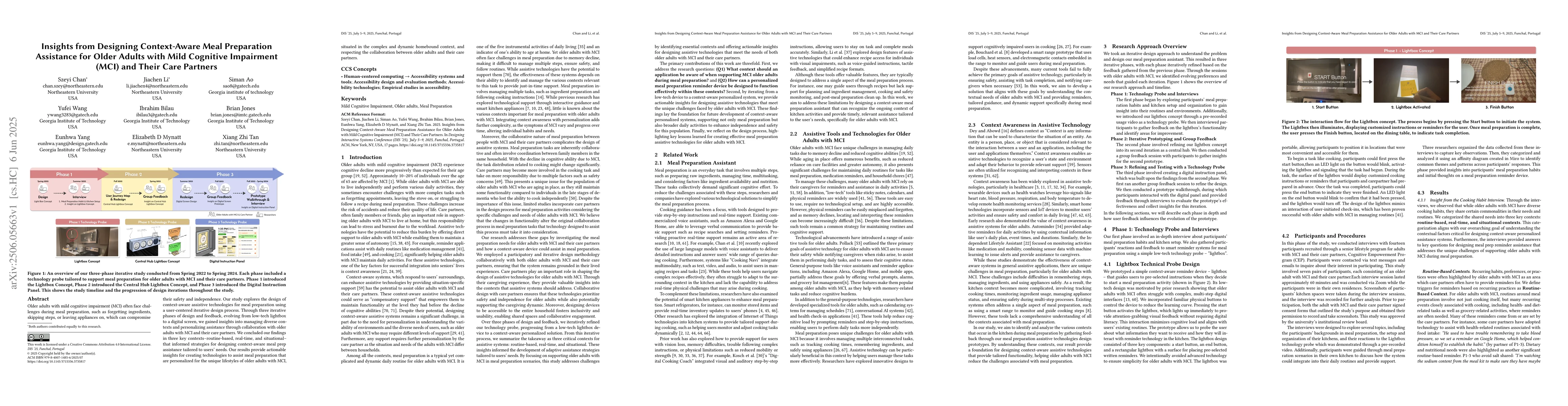 Thumbnail for Insights from Designing Context-Aware Meal Preparation Assistance for
  Older Adults with Mild Cognitive Impairment (MCI) and Their Care Partners