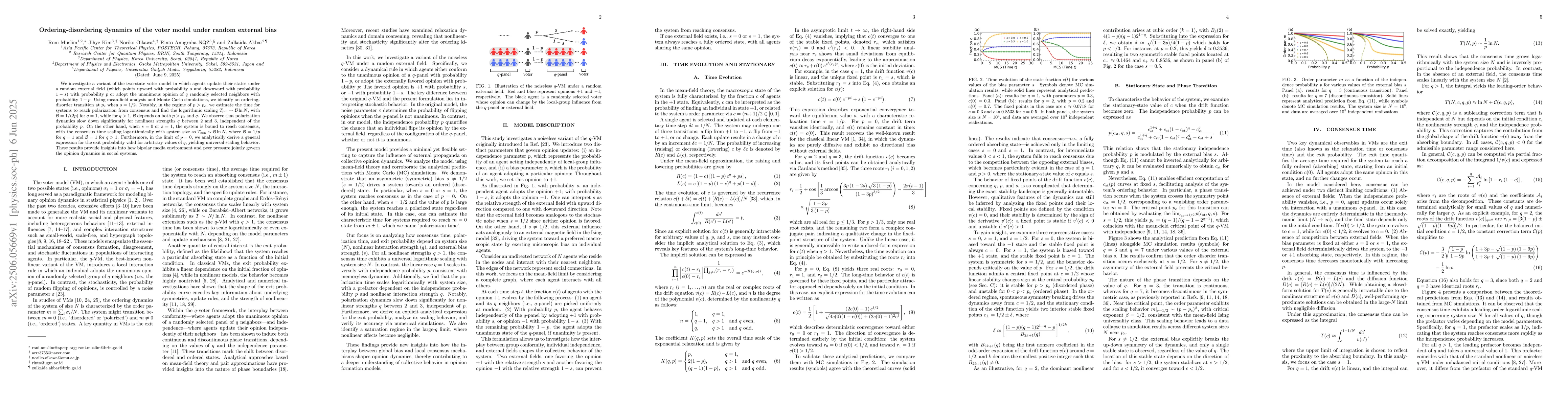 Thumbnail for Ordering-disordering dynamics of the voter model under random external
  bias